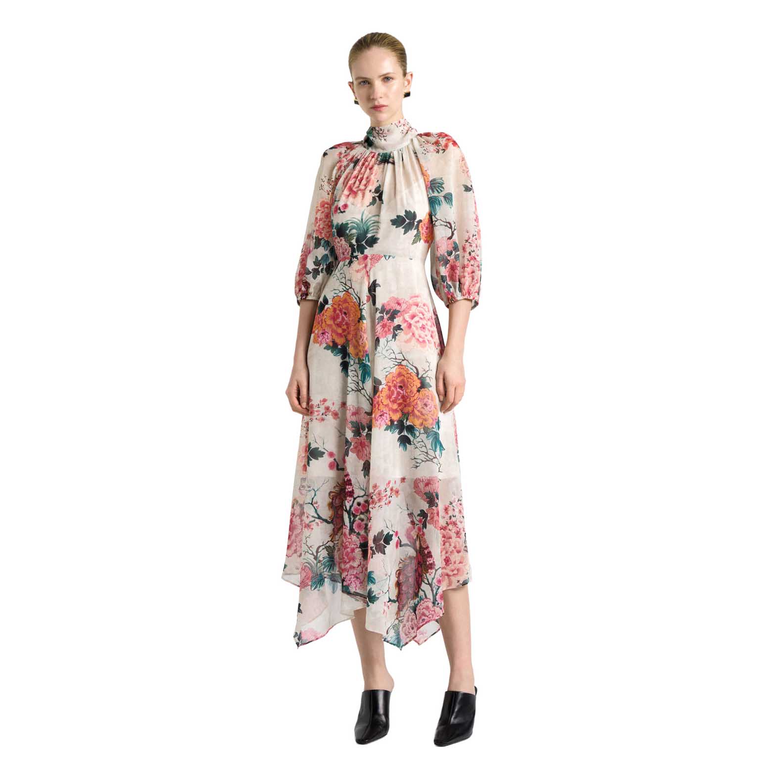 Cue Parchment Peacock Garden Georgette Tie Neck Midi Dress